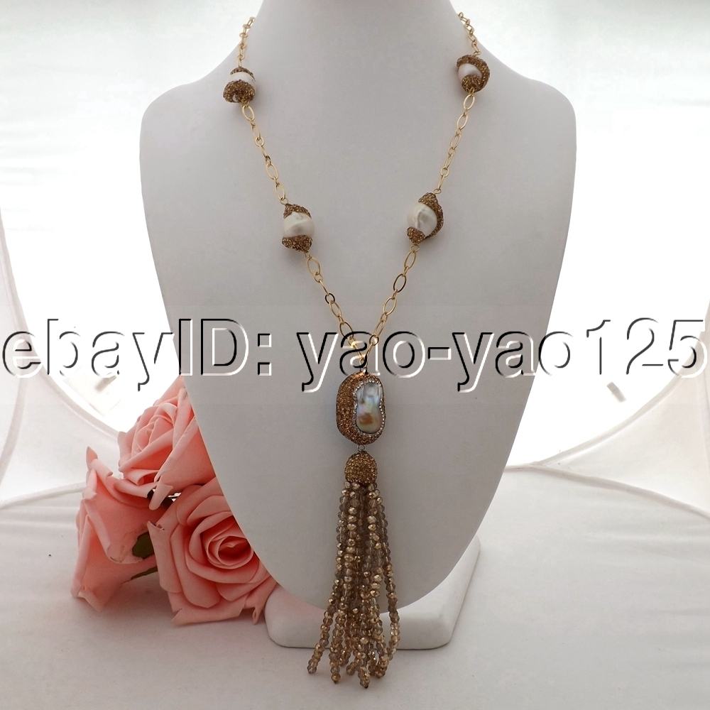 22″ Freshwater Cultured White Keshi Pearl Chain Crystal Pendant Necklace