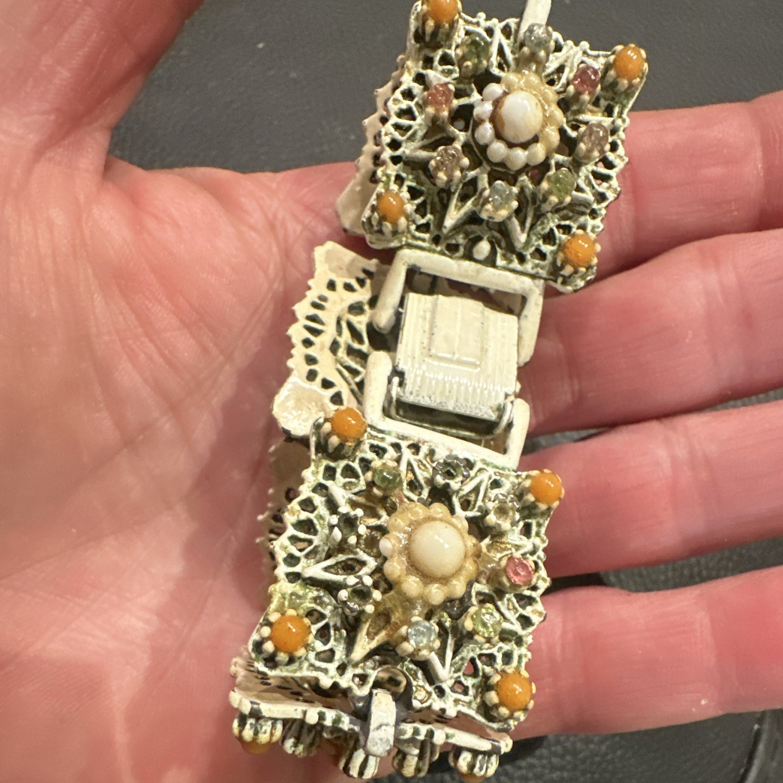 Vtg ART Arthur Pepper Enamel Filigree Bracelet Faux Pearl Orange Coral Color