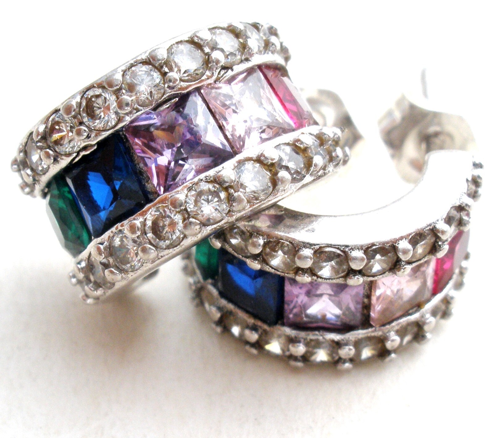 Multi Color Cubic Zirconia Hoop Earrings Sterling Silver Half Hoops Post 925 BSI