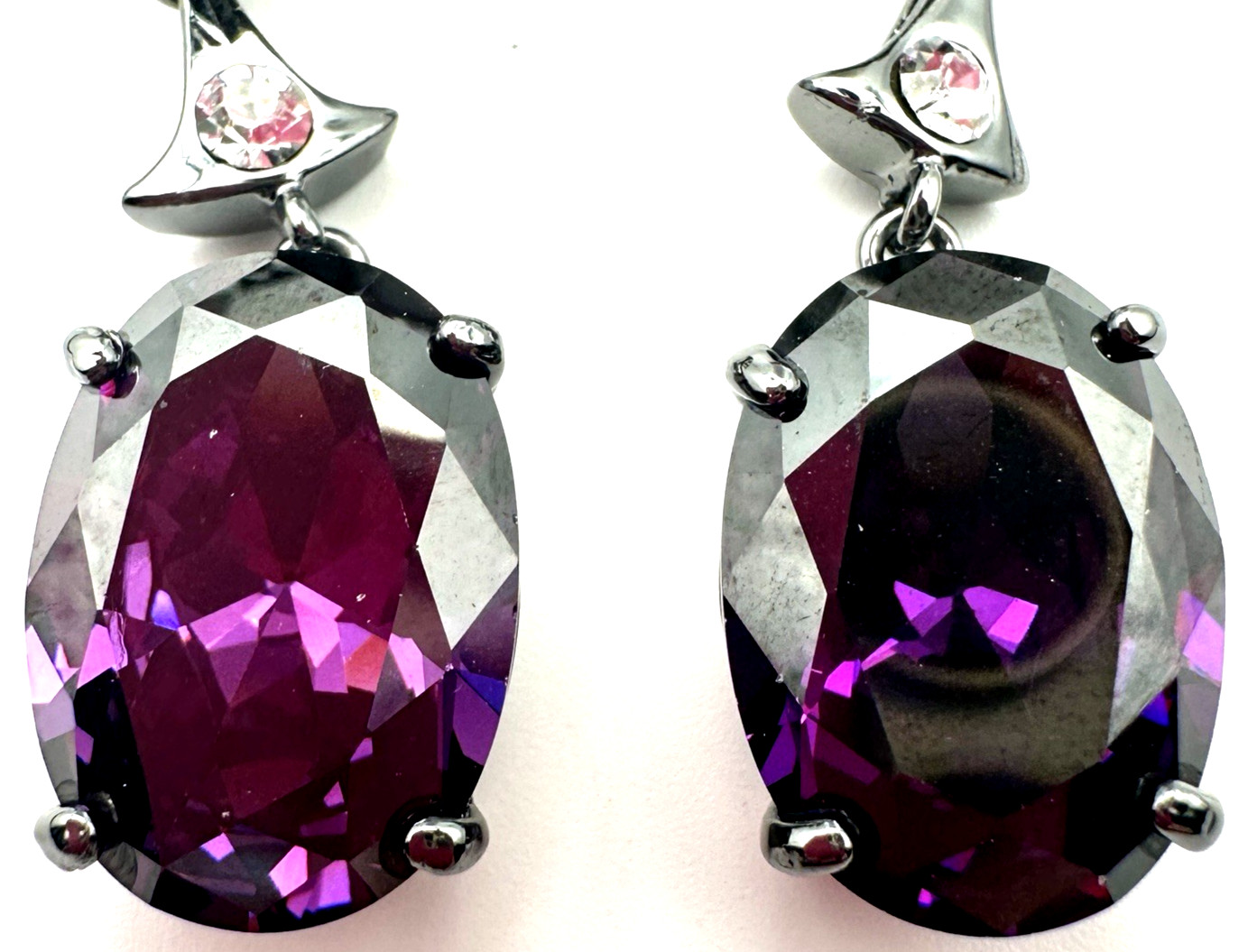 Nicholas LIU Purple Crystal Drop Earrings Gunmetal Rhinestone Statement 1.5″