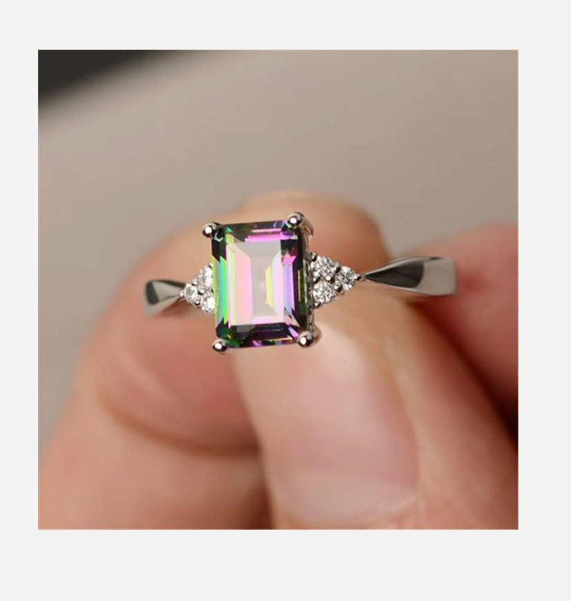 SILVER IRIDESCENT SQUARE GEM COSTUME RING 4 5