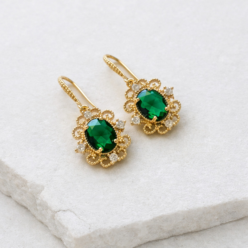 Regency Gold Plated Emerald Green Drop Earrings Vintage Bridal Jewelry Elegant