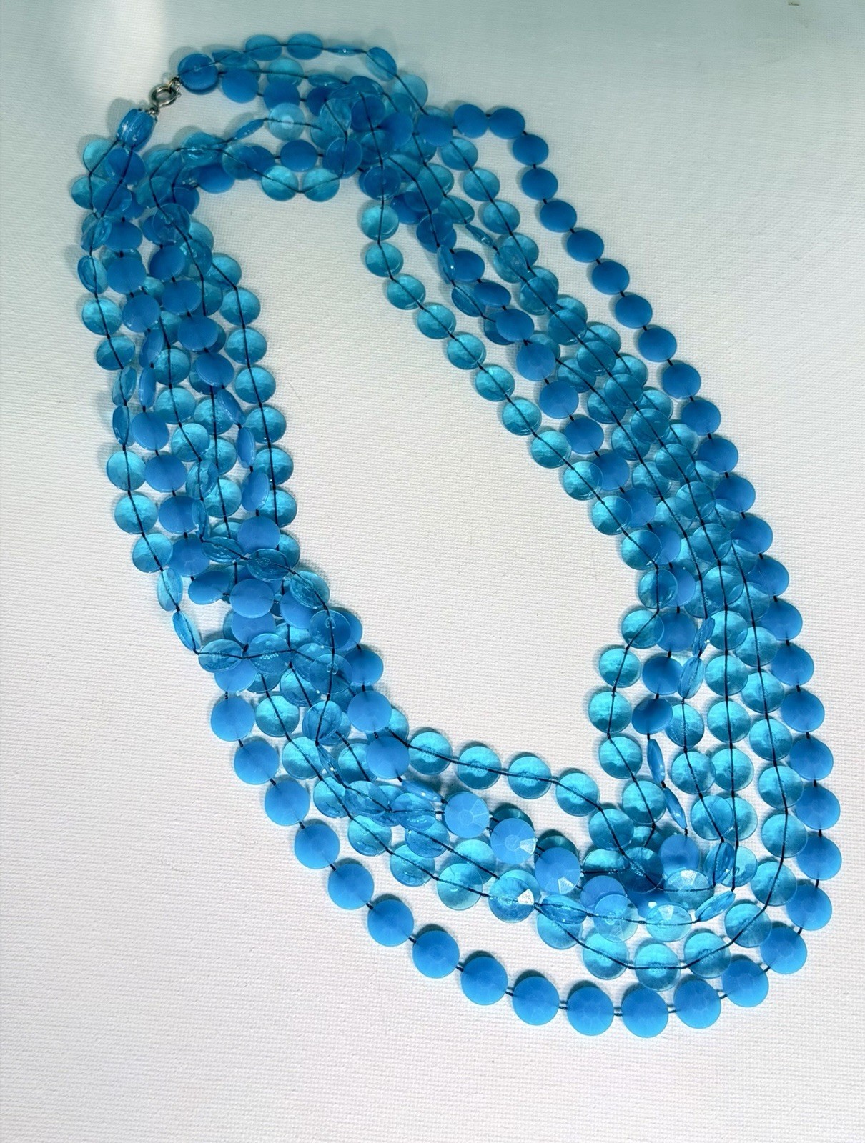Vintage Aqua Blue Multi Strand Faceted Disc Bead Necklace Statement 1960s 1970s