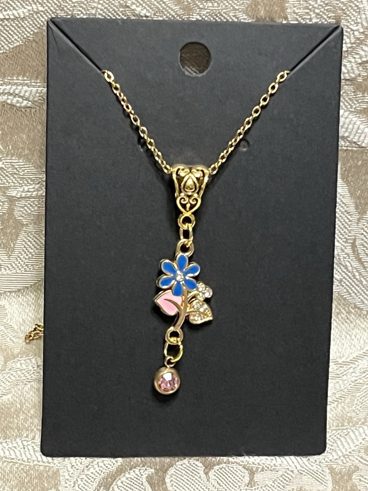 Retro Floral Gem Enamel Pendant Gold 18” Necklace Bohemian Floral Novelty