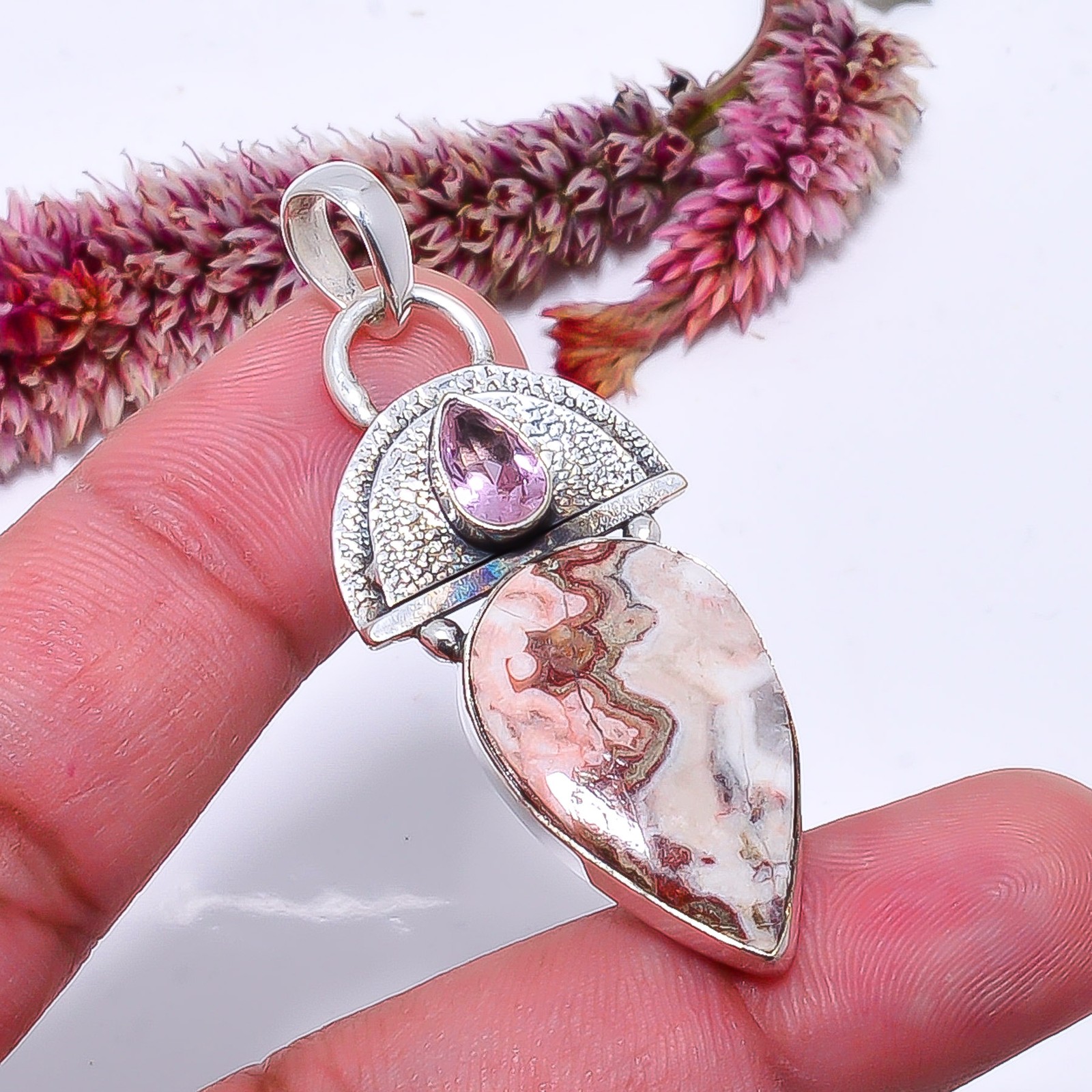 Crazy Lace Agate & Pink Kunzite Handmade 925 Sterling Silver Pendant 2.15″ P43