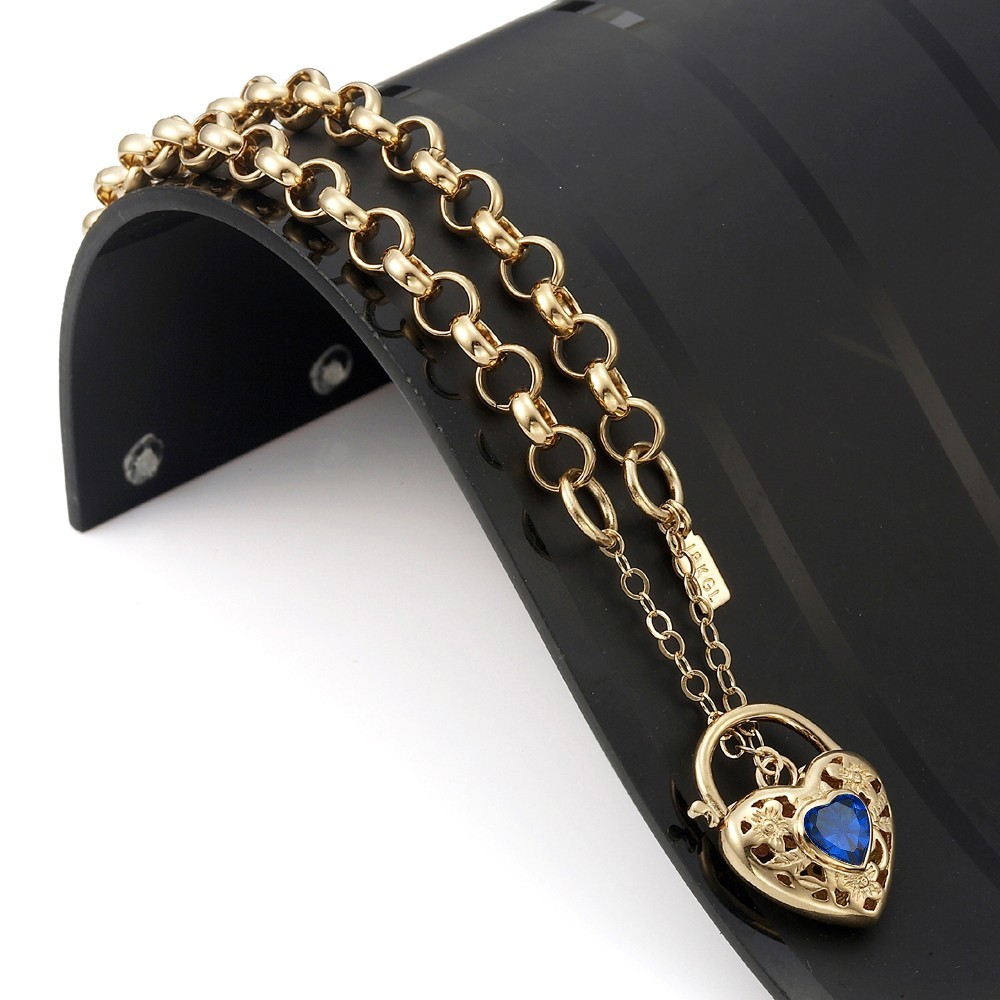 18K GL Solid Belcher Gold Bracelet Filigree Heart Padlock & Sapphire Blue Gem