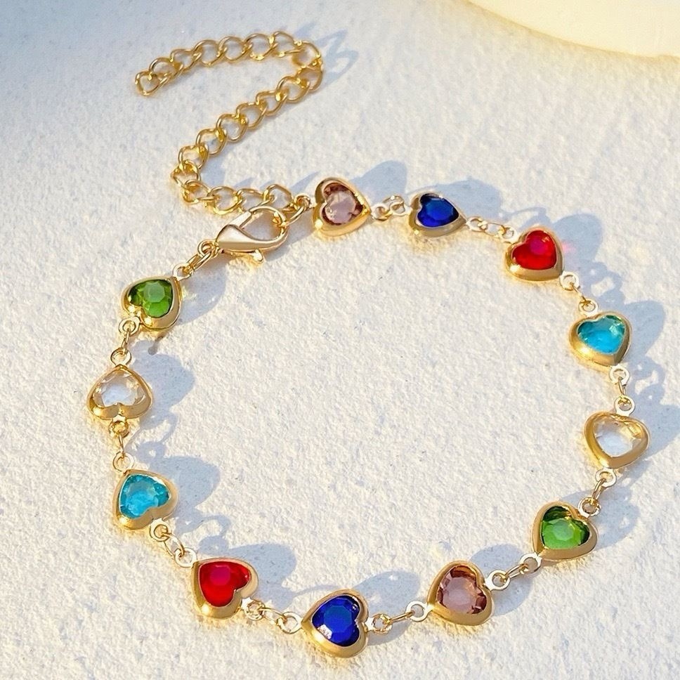 Colorful Heart Crystal Bracelet Adjustable Gold Tone Charm Jewelry Gift