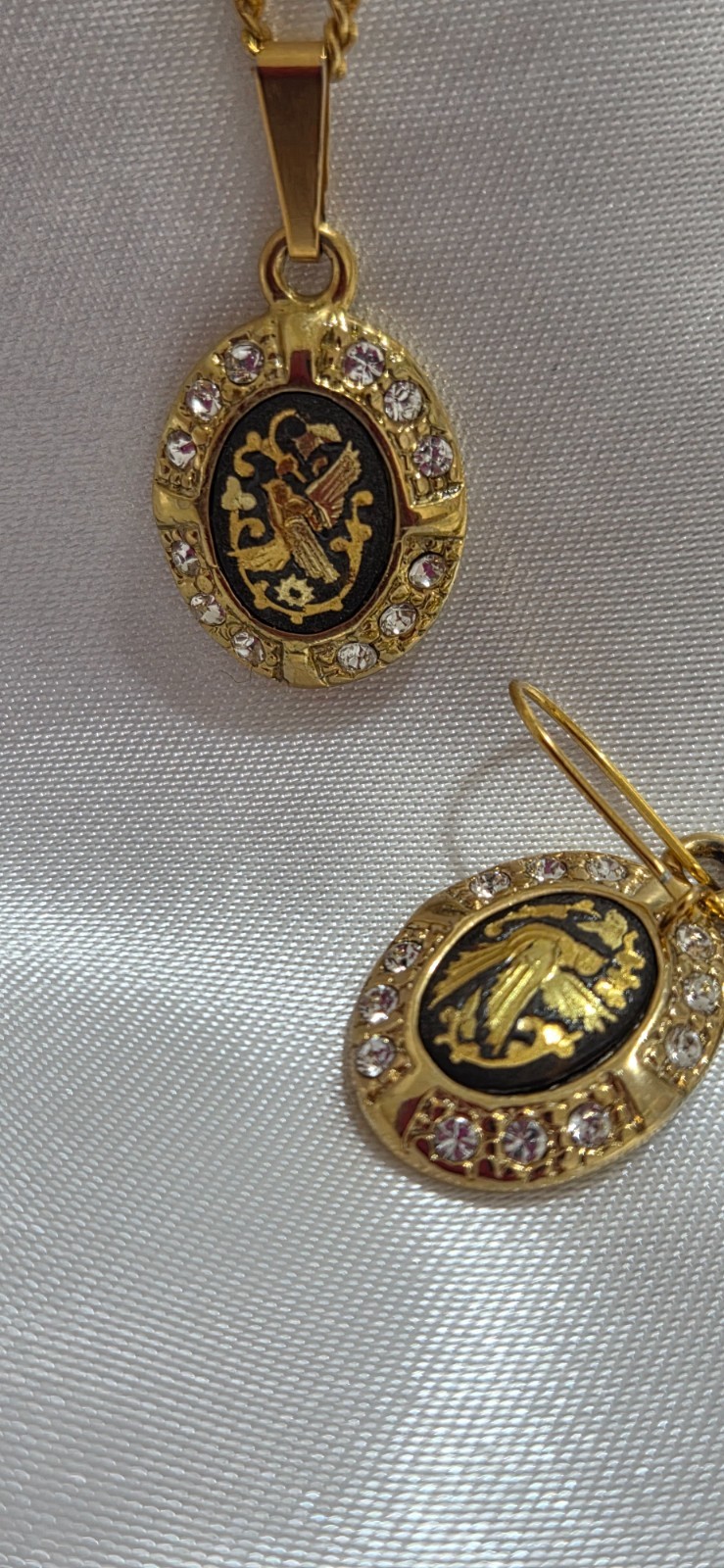 Toledo Spain Damascene 24K Gold Inlay Necklace & Earrings Set Black Enamel New
