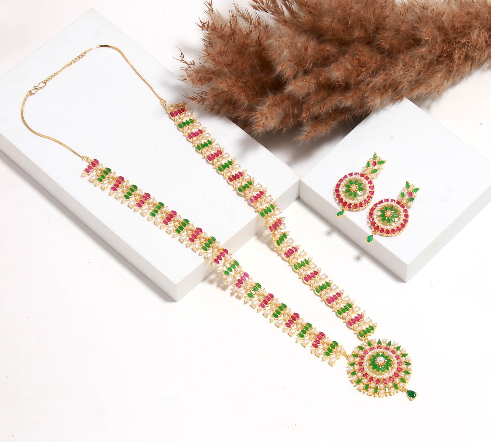 Ruby Emerald Pearl Long Necklace & Earring Set 22K Gold Plated | Wedding Jewelry