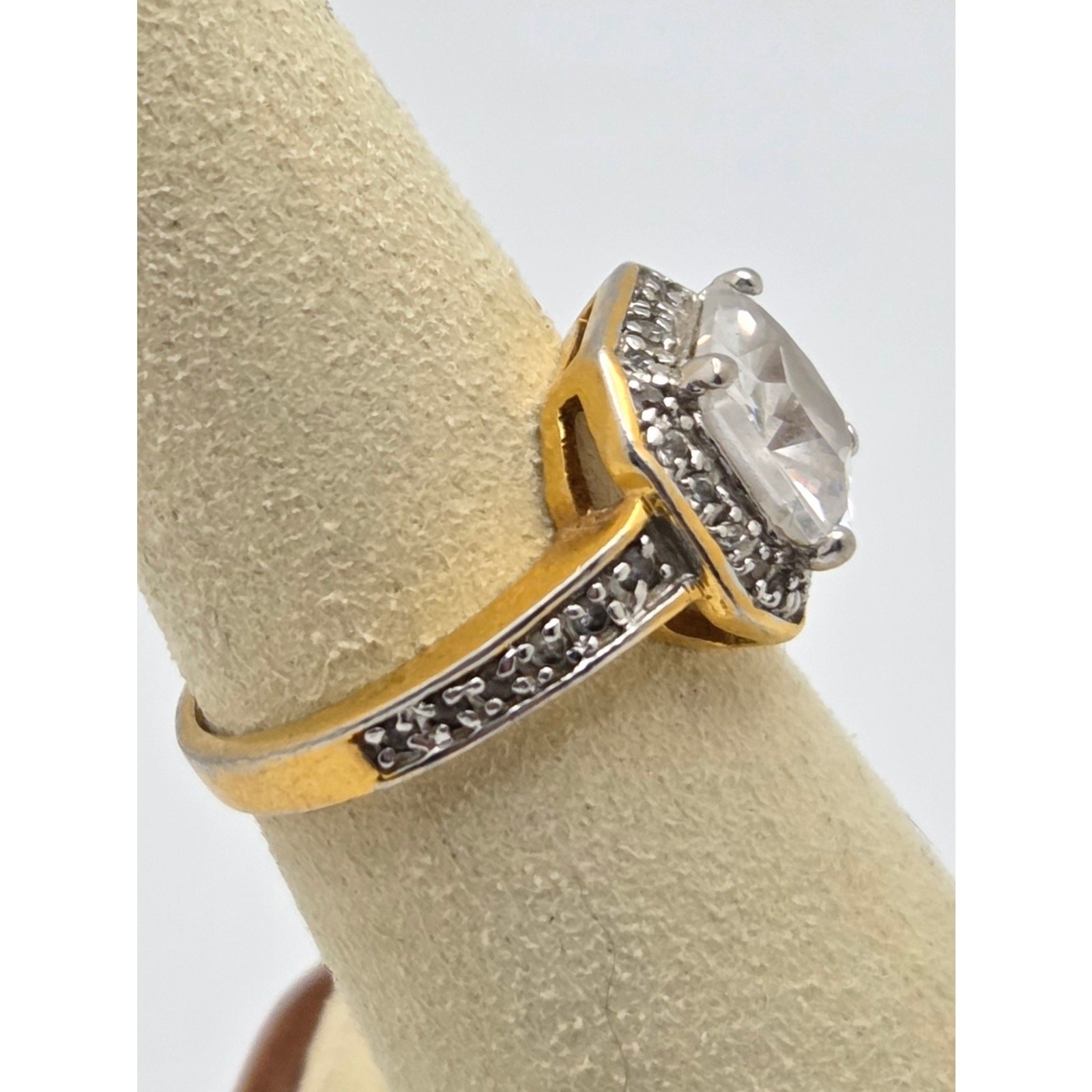 American Diamond Two-Tone Cushion Cut CZ Halo Ring – 6