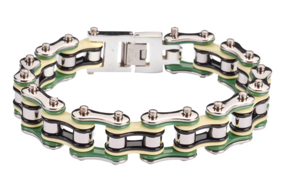 Men’s Stainless-Silver, Green, Cream, Black, Chrome Bike Chain Bracelet 228