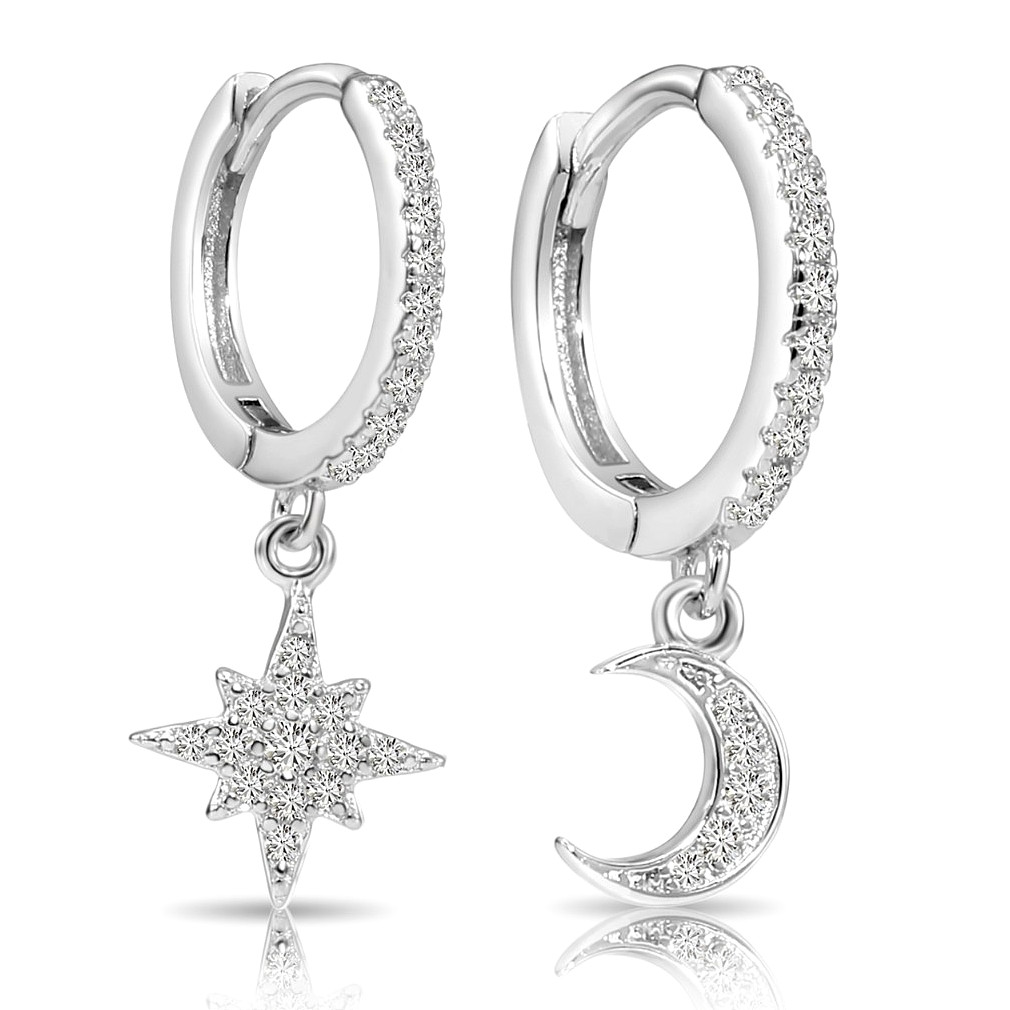 925 Sterling Silver Star & Crescent Pave Charm Dangle Drop Huggie Hoop Earrings