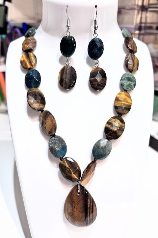 Palm Beach Jewelry Genuine Tiger’s Eye Jasper Teardrop Pendant Necklace Earrings