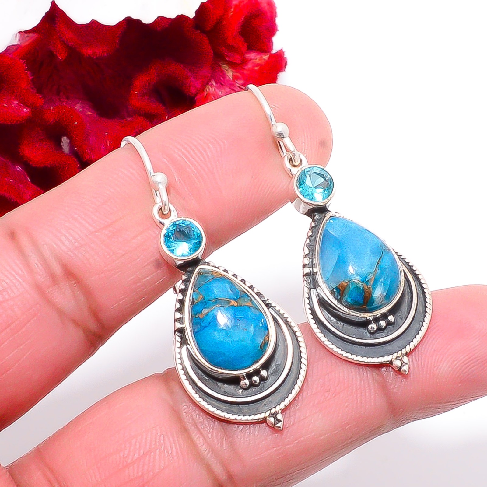 Copper Blue Turquoise & Blue Topaz Oxidised 925 Sterling Silver Earring 1.76 S30