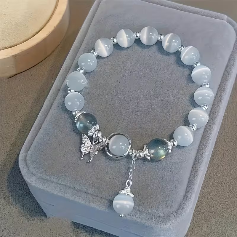 Charming Glass Cat’s Eye Star Butterfly Bracelet Stretchable about 7-8 inch