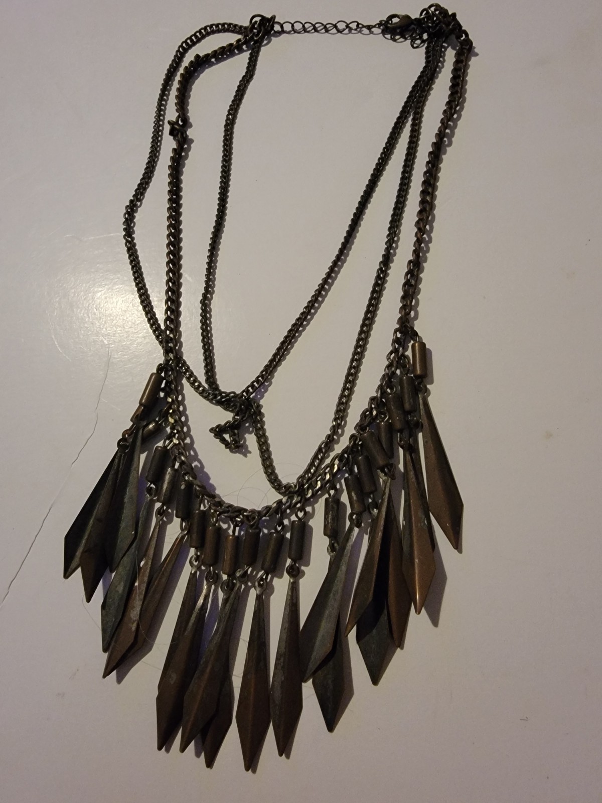 Layered Metal Flared Daggers Fringe Brass Tone Necklace Industrial Flair Vibe