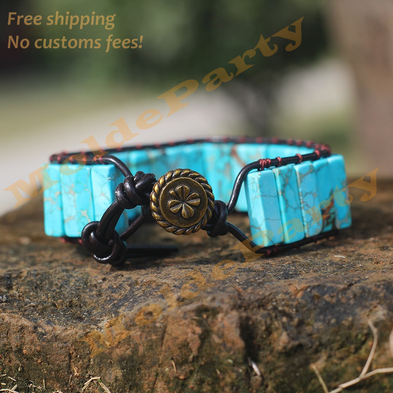 Handmade Natural Turquoise Leather Braided Bracelet for Protection Healing Gift