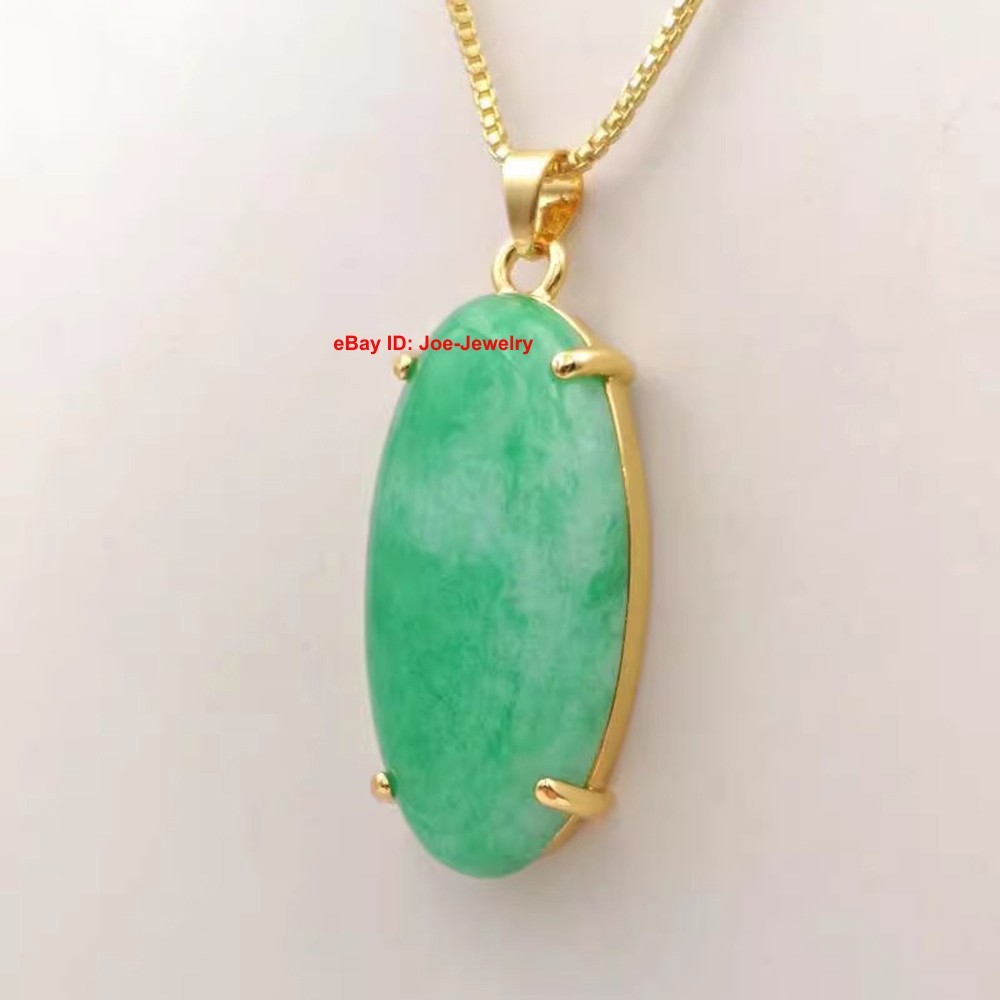 New Yellow Plated Alloy Heated Green Jade Oval Pendant Best Gift 38mm H
