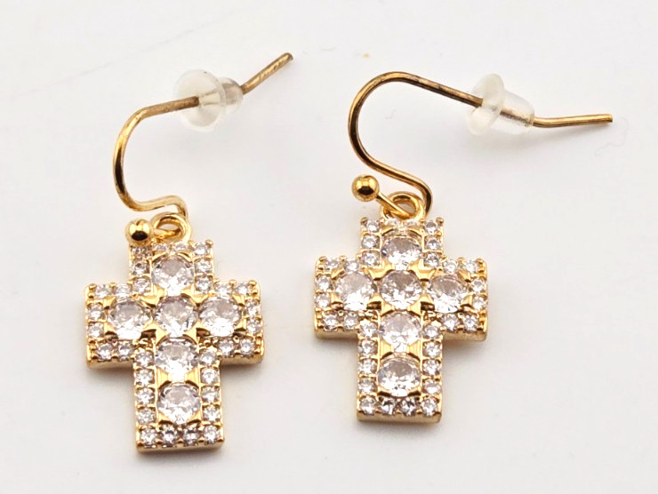 KIRKS FOLLY Crystal Ice Cross French Wire Earrings goldtone #111