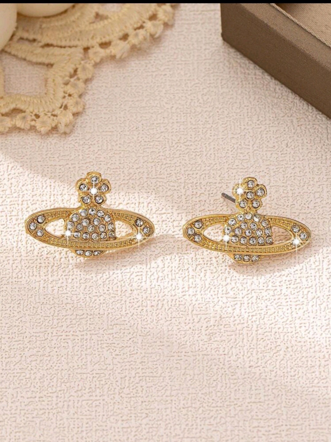 Celestial Crystal Statement Earrings, Saturn, Orb, Flower Accents Gold Pair