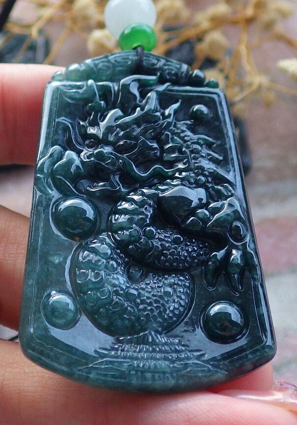 1Pcs Icy Green Burma Grade Natural A Jade jadeite Pendant Dragon Bead 龙 683097