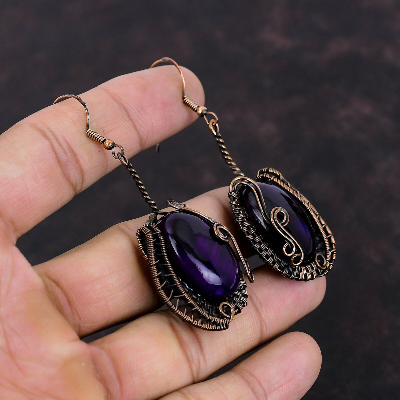 Purple Fire Labradorite Copper Wire Wrapped Drop/Dangle Earrings For Women 2.76″