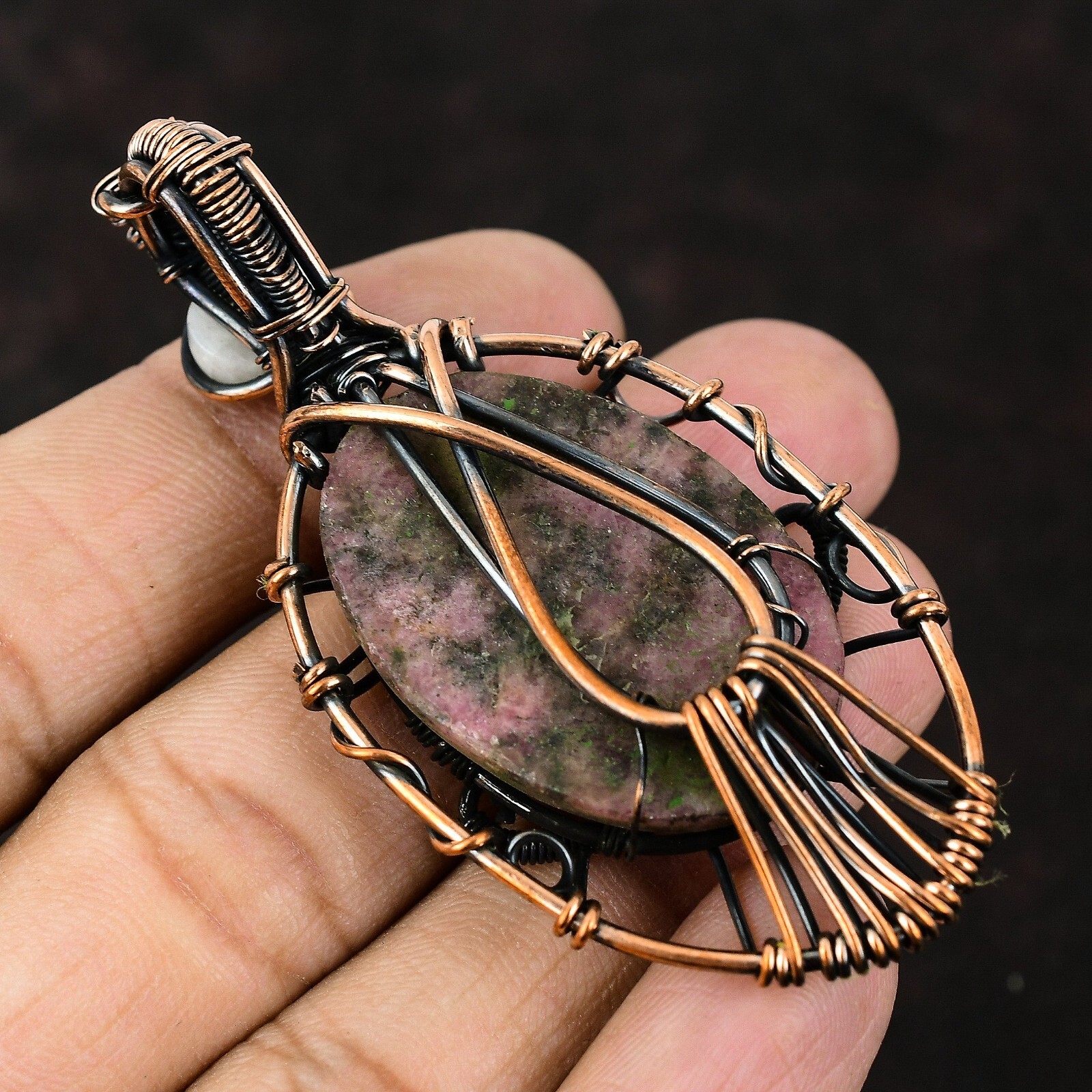 Valentines Sale Oval Rhodonite Gemstone Rainbow Moonstone Copper Pendant Jewelry