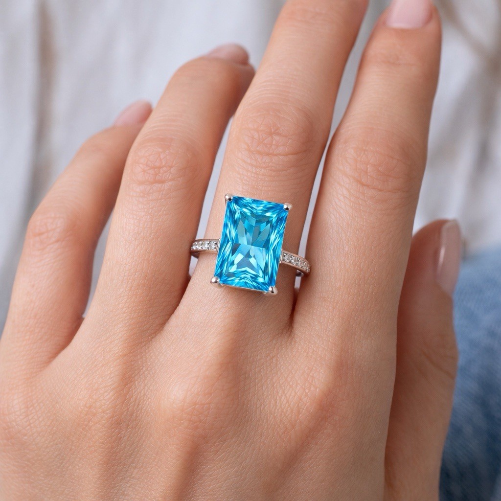 Blue Topaz CZ Ring Set Size 8.5 Stainless Steel Radiant Cut Silver Tone FREE SHP