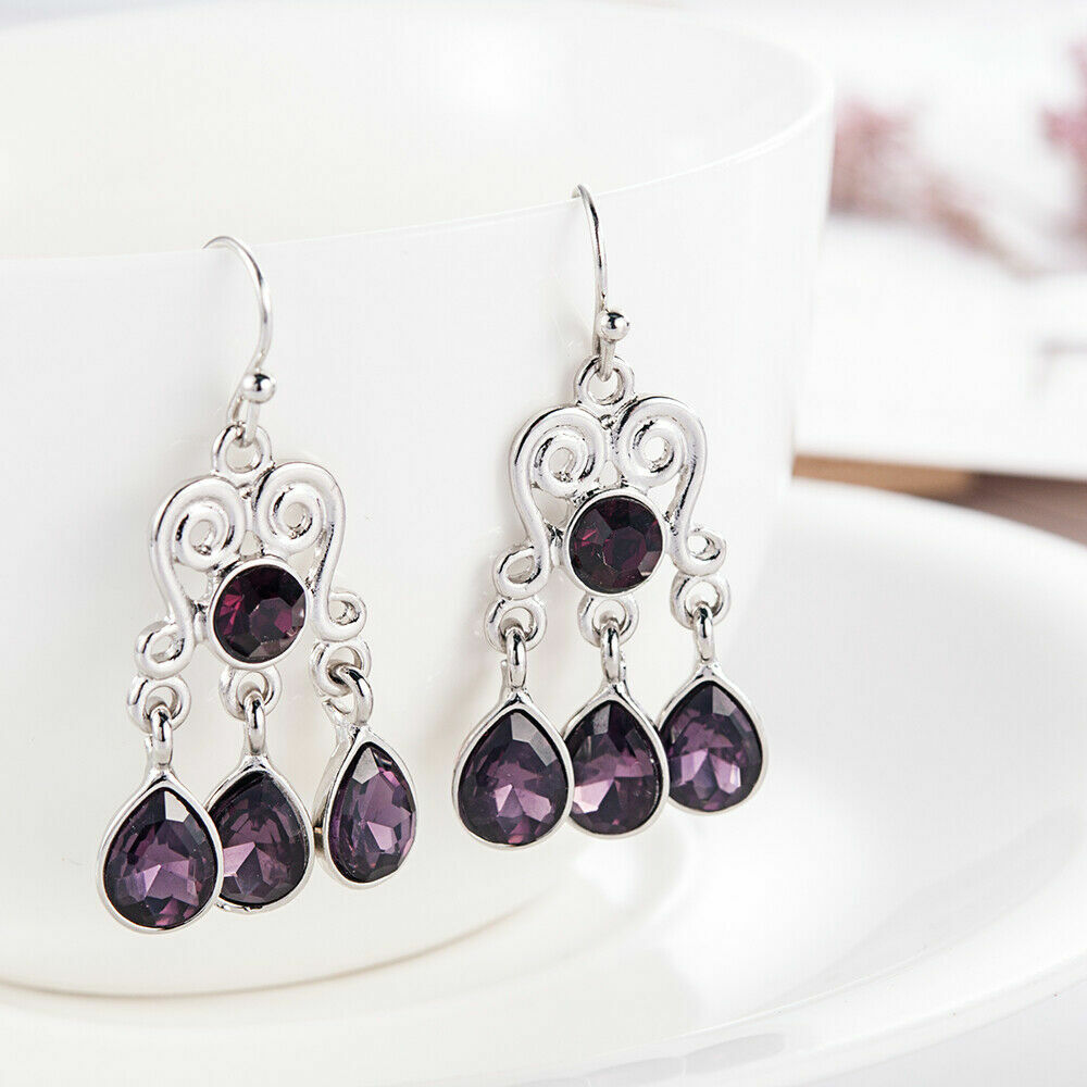 Pretty New Silver Plated Amethyst Purple CZ Chandelier Dangle Drop Earrings