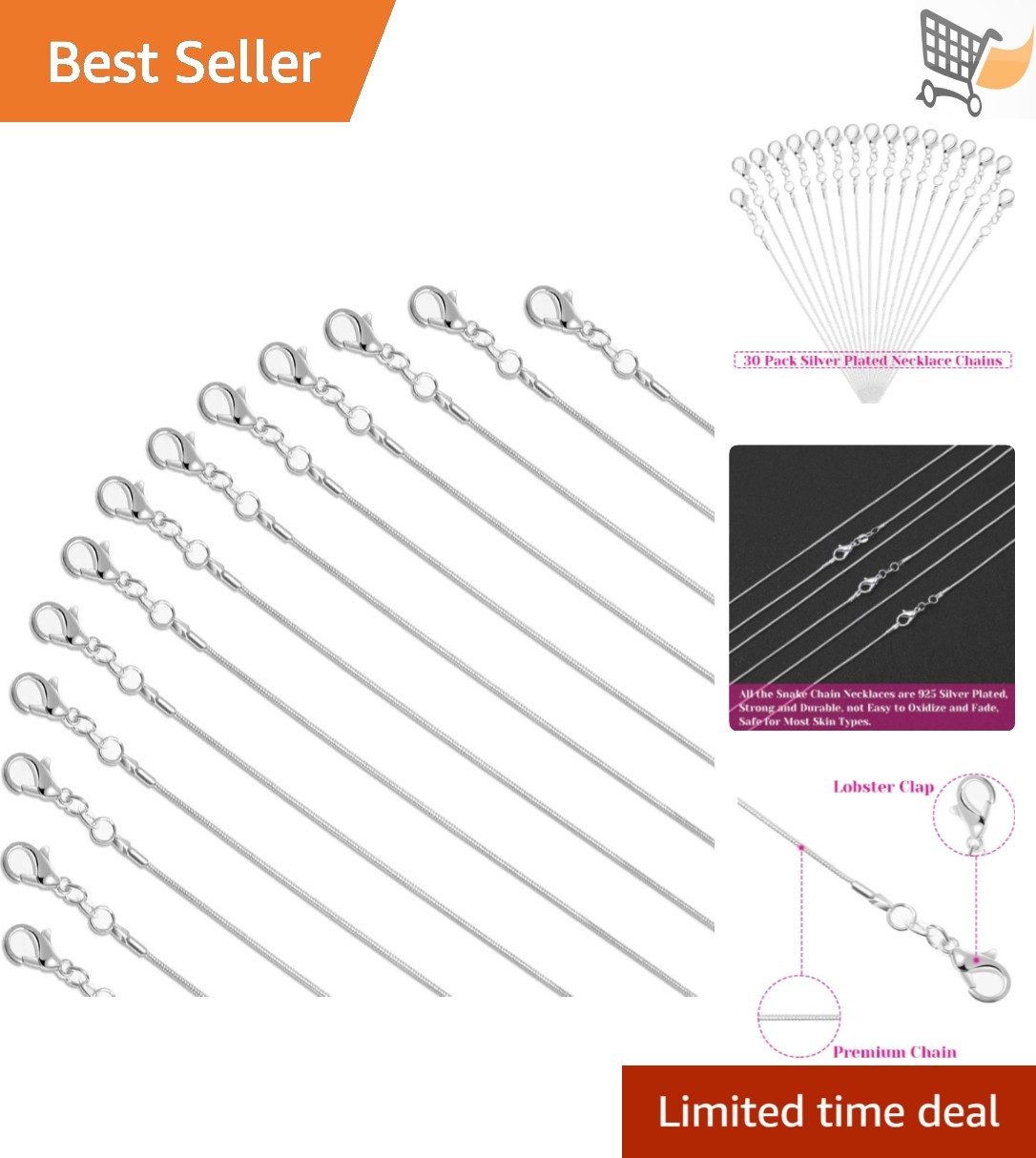 Bulk Silver Plated Snake Necklace Chains 24 Inch Pack of 30 for Jewelry Making