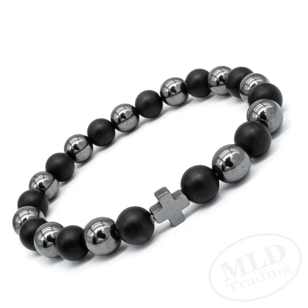 Black Hematite & Natural Stone Beads Cross Bracelet, Elastic Cord, 7 Inches