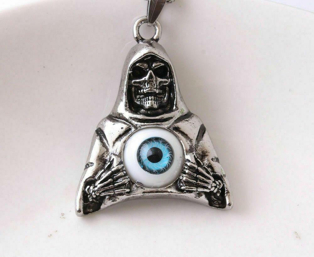 mens LARGE SKELETON GRIM REAPER EVIL EYE pendant 24″ 925 Silver plated Necklace