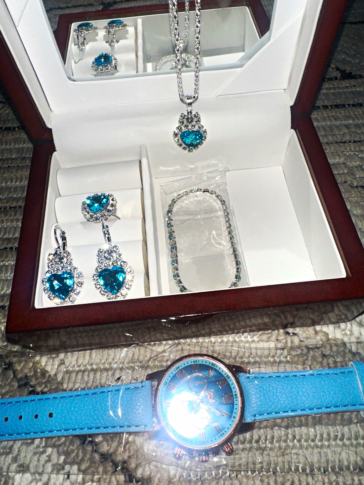 Silver Tone Blue Round Crystal Jewelry Set Necklace Earrings Ring Bracelet