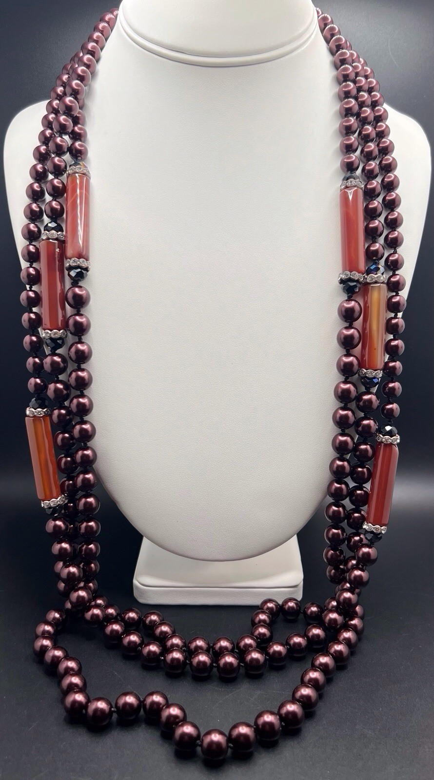 COLDWATER CREEK Art Deco Style 3 Strand Beaded Necklace Faux Pearls Carnelian