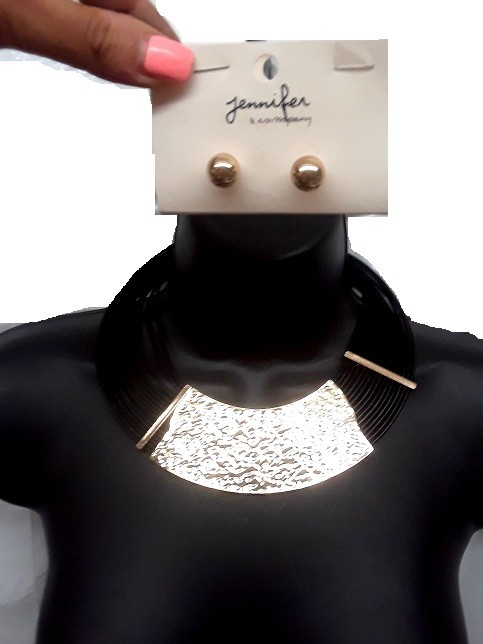 Gold Metal Bar Black Rubber Cord Multi Row Layer Necklace Statement Set Chic NEW