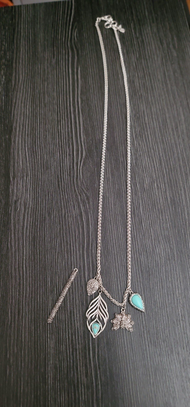 Silver Tone Leaf Charm Pendant Necklace Turquoise Teardrop Cable Chain Lobster