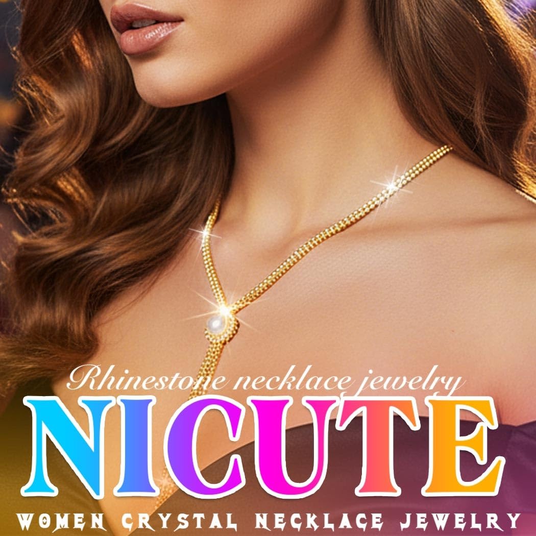 Rhinestone Y-Necklace Choker Chain (18.5in (Length), 9.4in (Height), Gold)