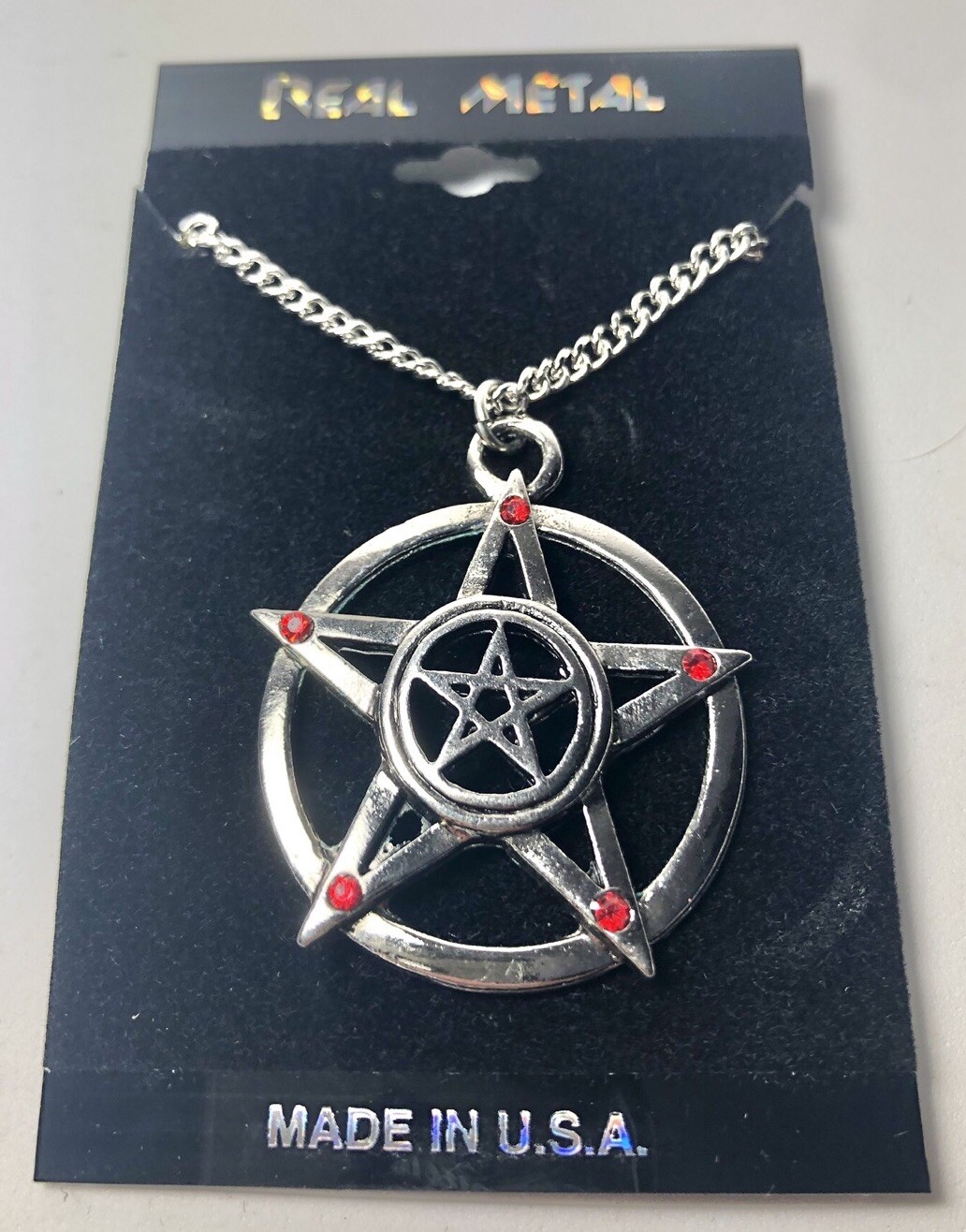 Real Metal Jewelry Double Pentagram Red Stones Gothic Occult Silver Tone Pendant