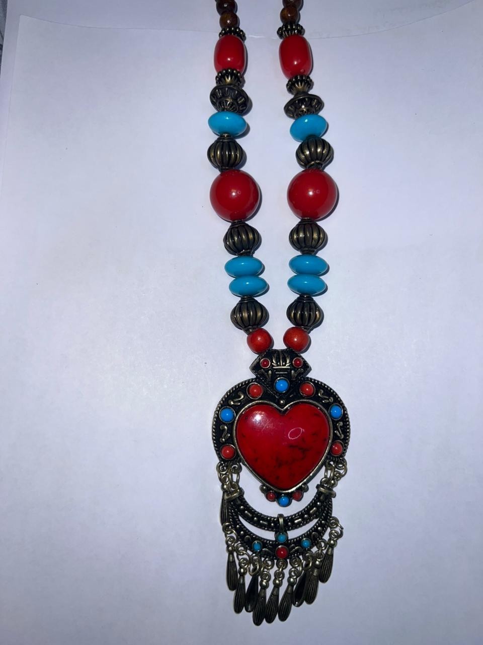 Vintage Tibetan Style Boho Statement Necklace Red Heart Pendant Ethnic Jewelry
