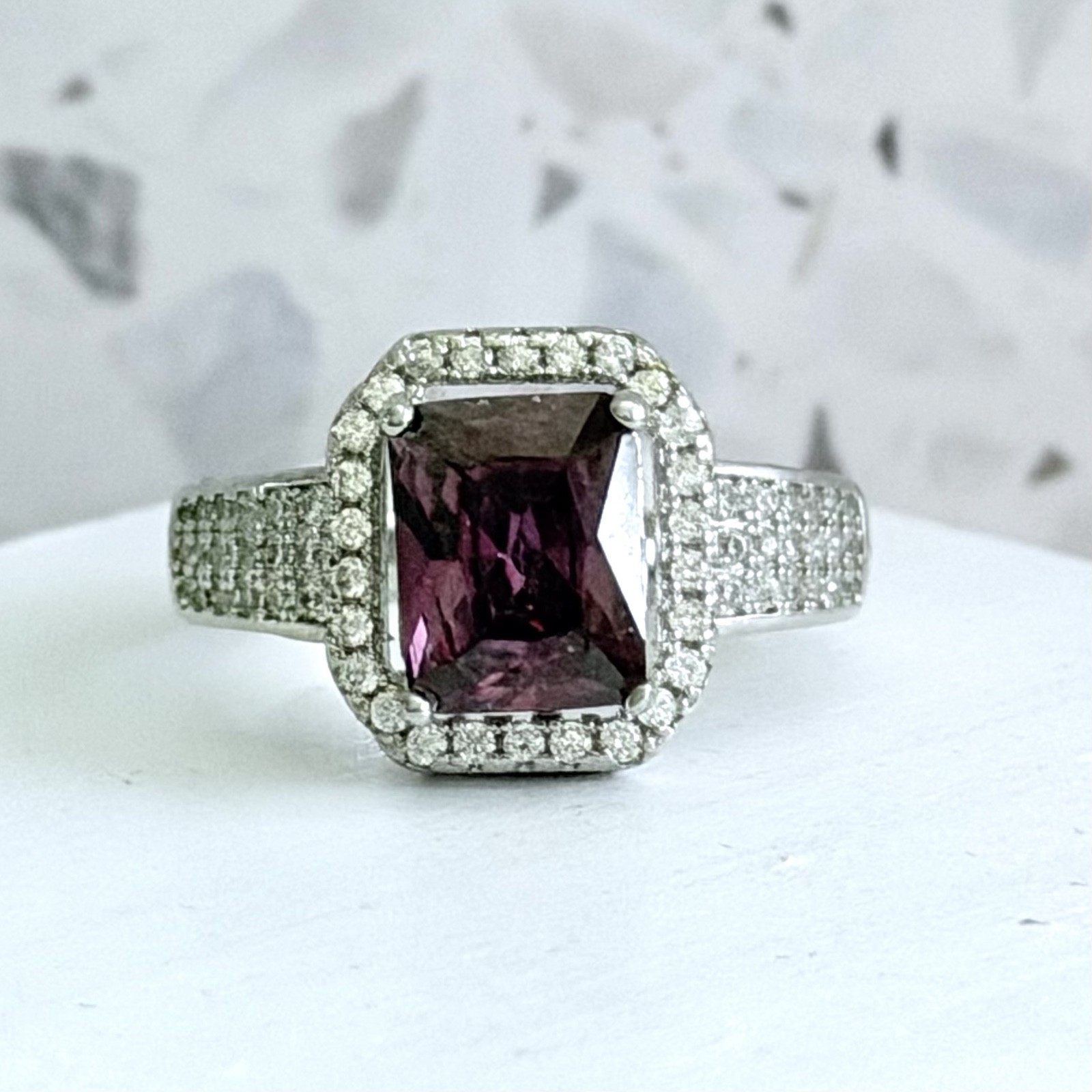 4.6 CT Radiant Simulated Amethyst 14k Gold 925 Sterling Halo Pave Women’s Ring