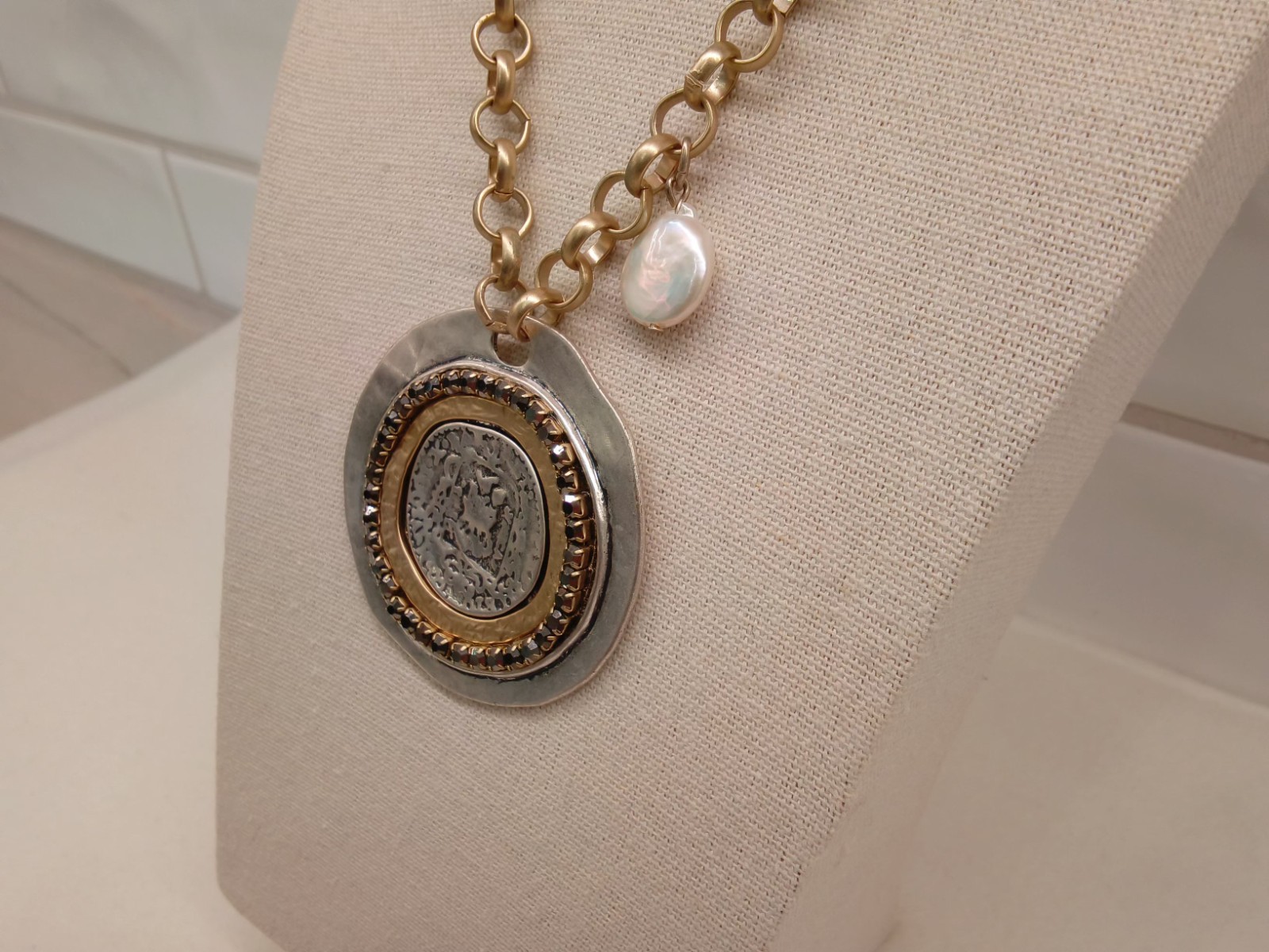 Chico’s Branded Medallion Necklace, Silver and Gold Tone w/Rhinestones