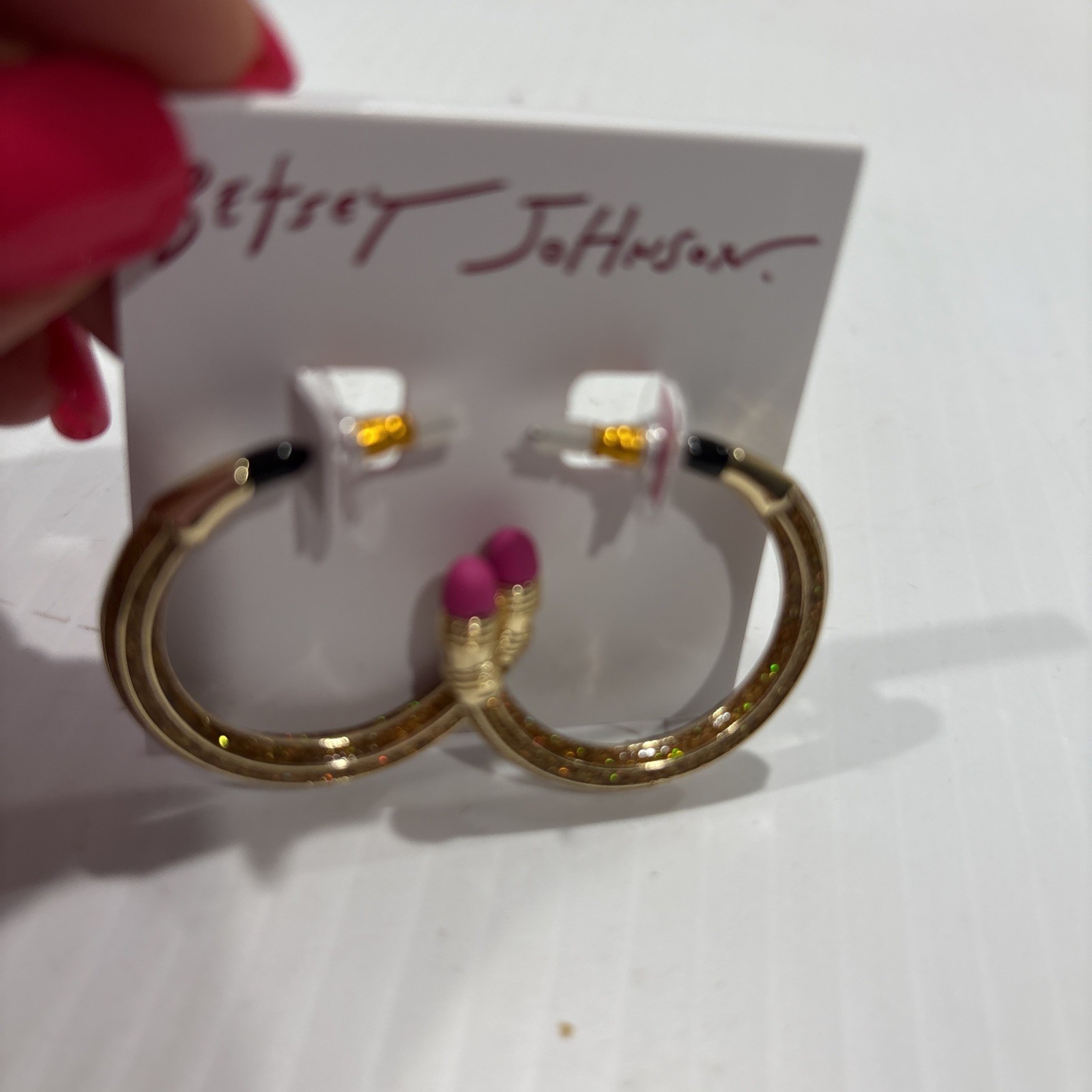 New BETSEY JOHNSON Gold Glitter Pencil Shape Loop Earrings