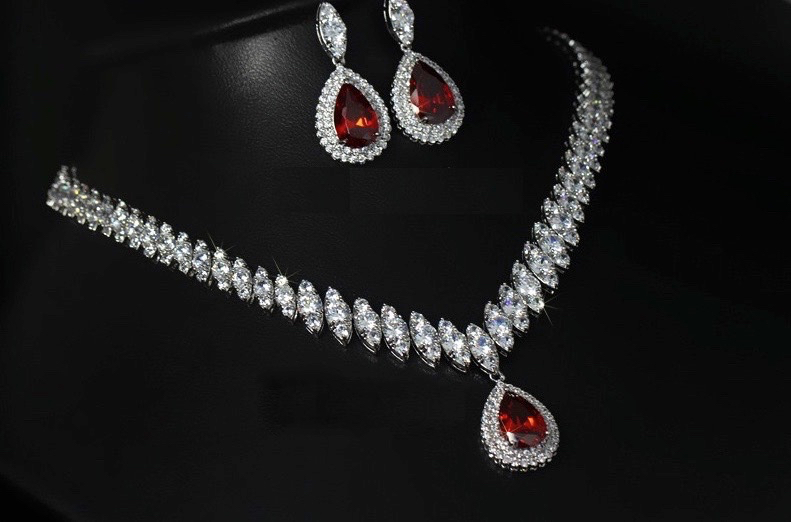 18k White Gold Plated Red Tennis Necklace Earrings Set made w Swarovski Crystal