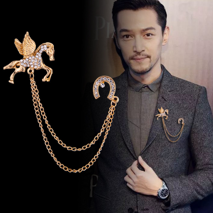 Women Men Gold Running Horse Chain Stud Blouse Collar Neck Tip Brooch Pin BP