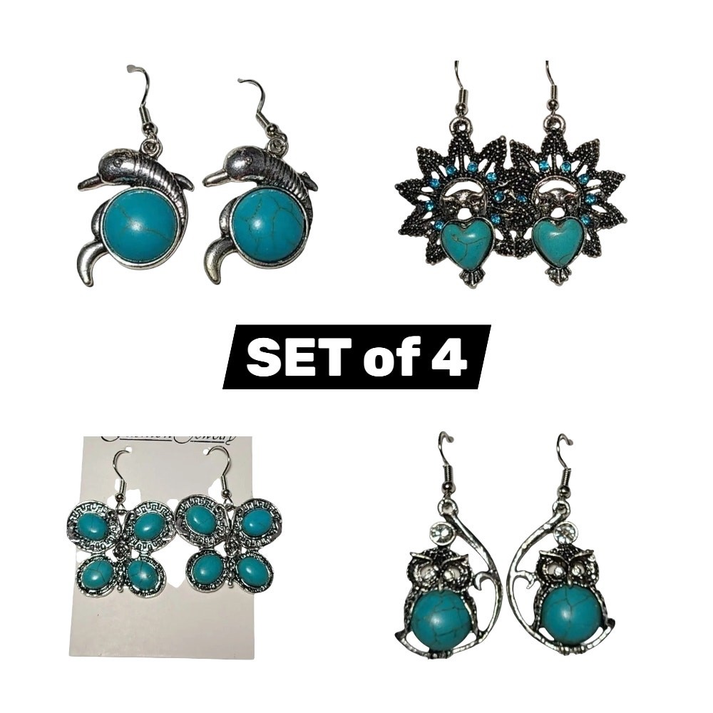 Silver Turquoise Stone Dangle Drop Fashion Earrings Set of 4 ~ NEW