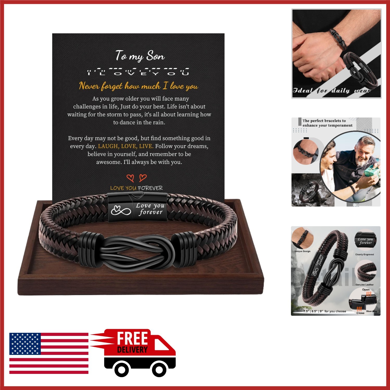 Morse Code Bracelet for Men Black Leather Inspirational Gift for Him