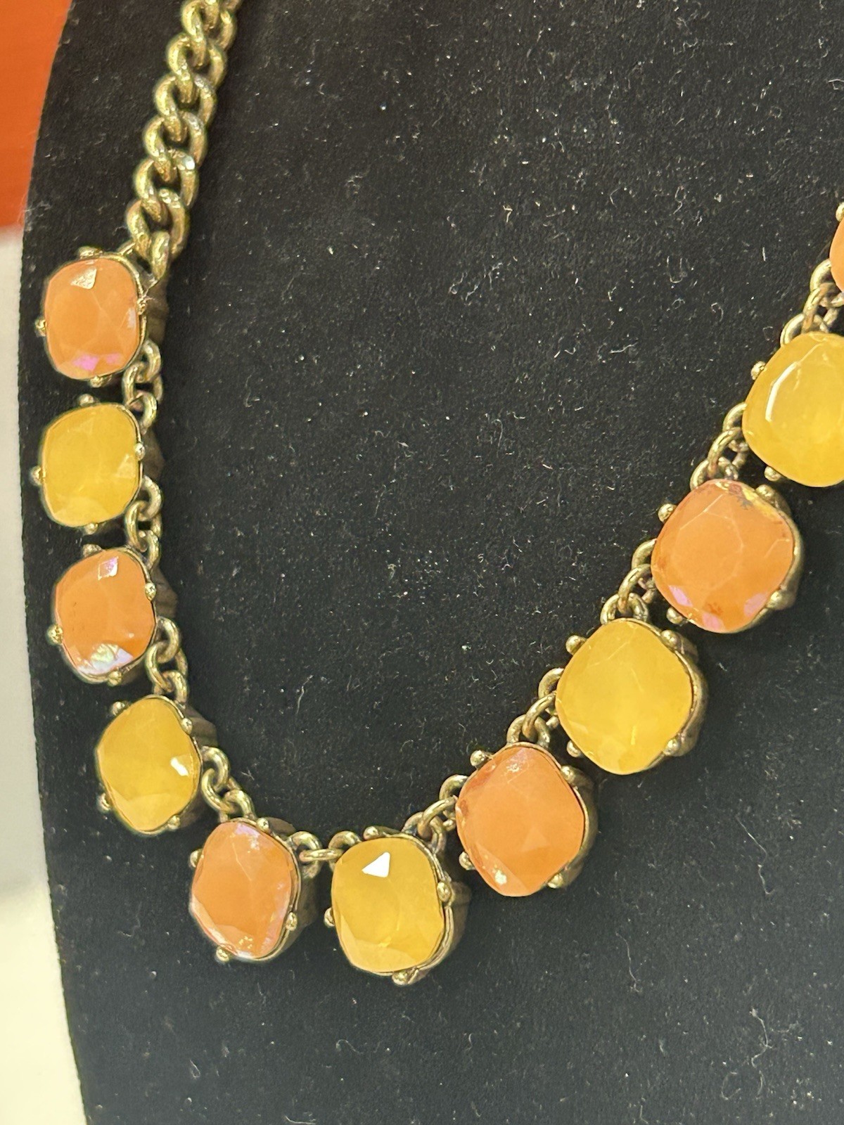 J. Crew opalescent necklace orange yellow cushion rhinestones