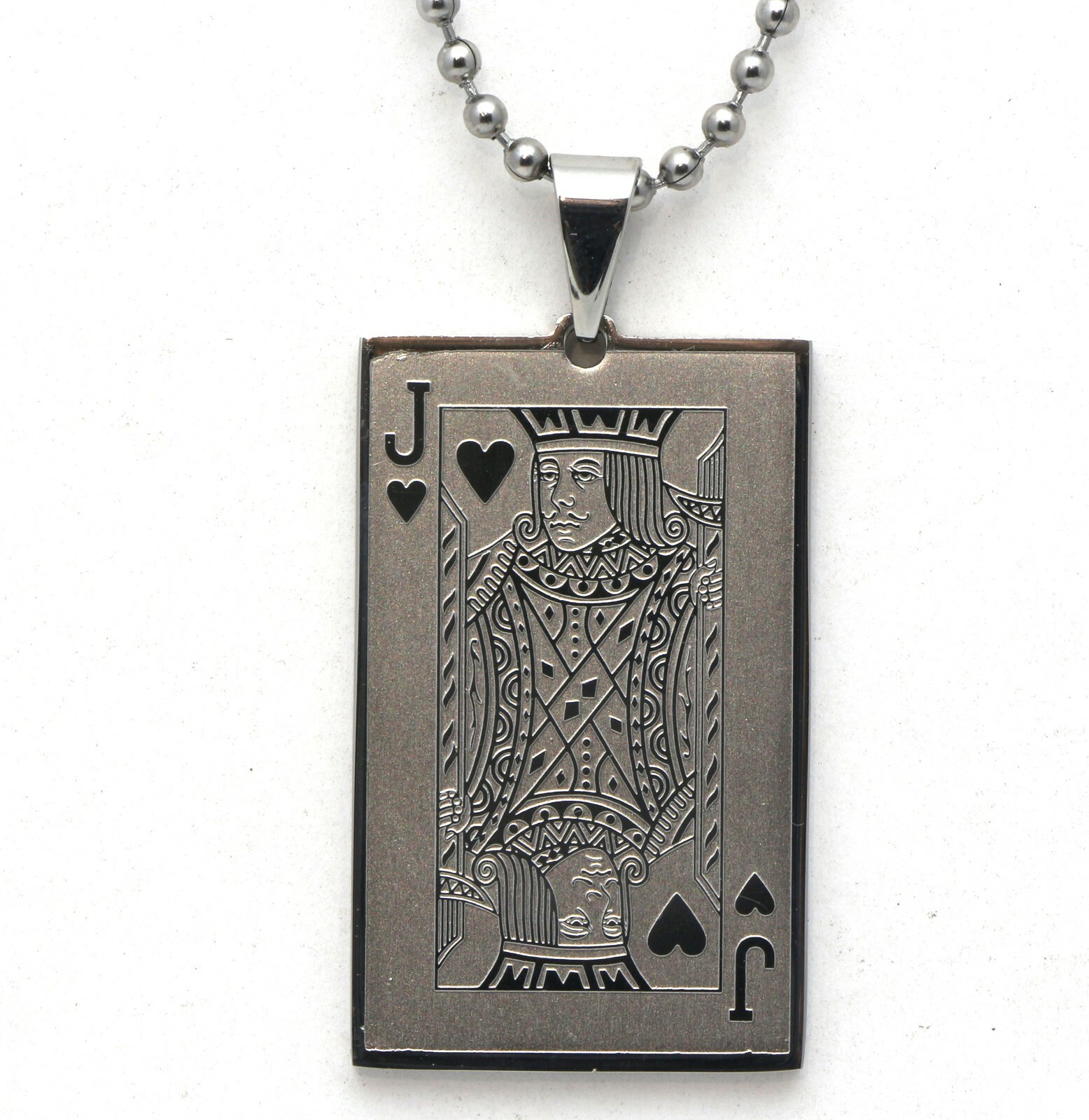 Jack of Hearts Card Design Metal Beaded Necklace – 4 x 2.5 cm Pendant