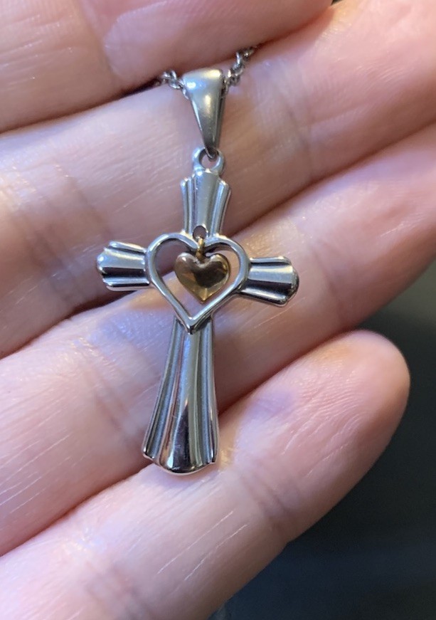 Silver Tone Cross w/ Copper Color Dangle Heart Pendant Necklace 18” Simple Cute