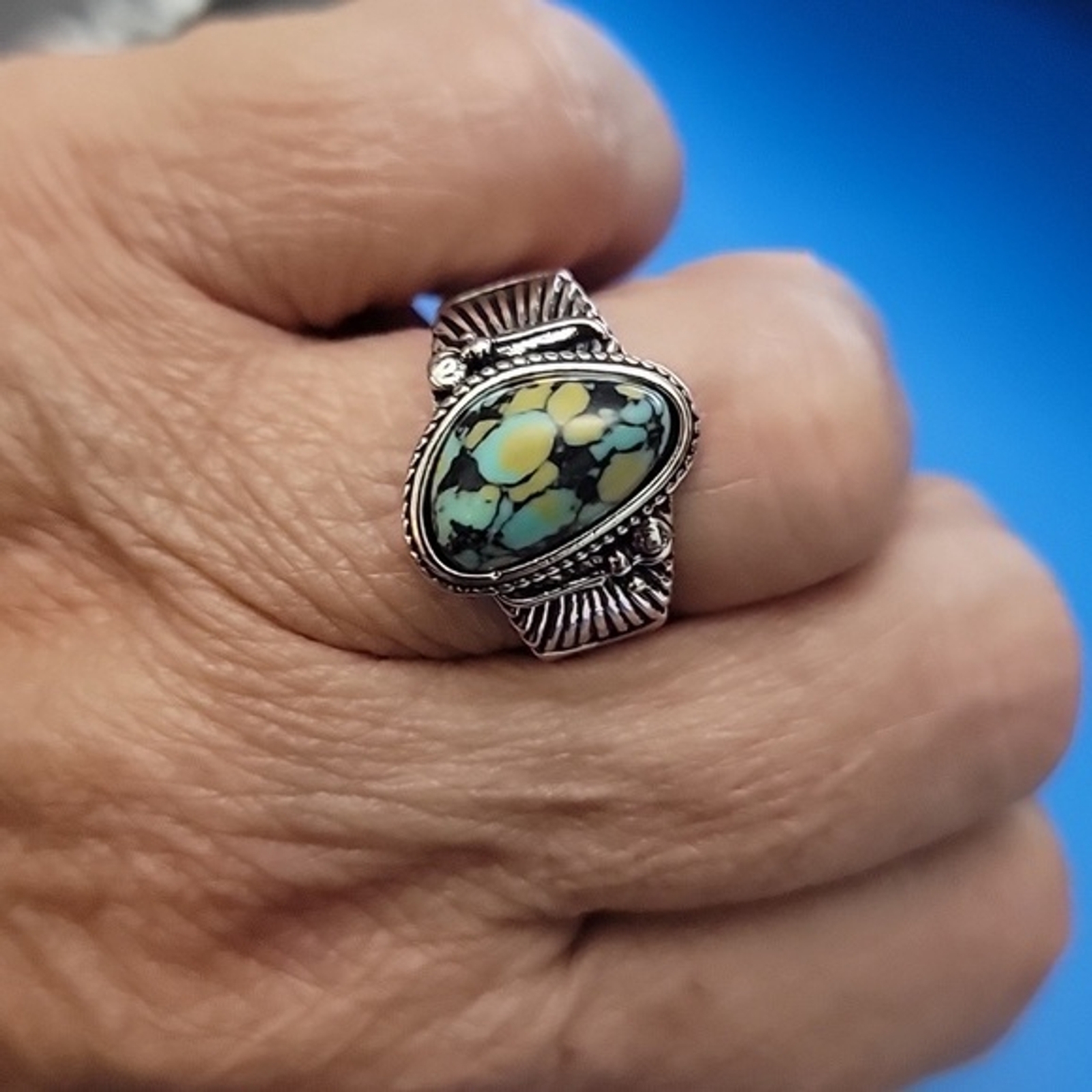 Bohemian Western Southwestern Cocktail Ring Sizes 7 8.5 Silver Green /Blue